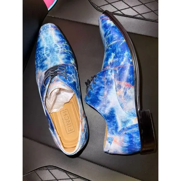 Thatcher Finch Blue Marble Leather Luxury Dress Shoes Men's 7 Modern Oxford New