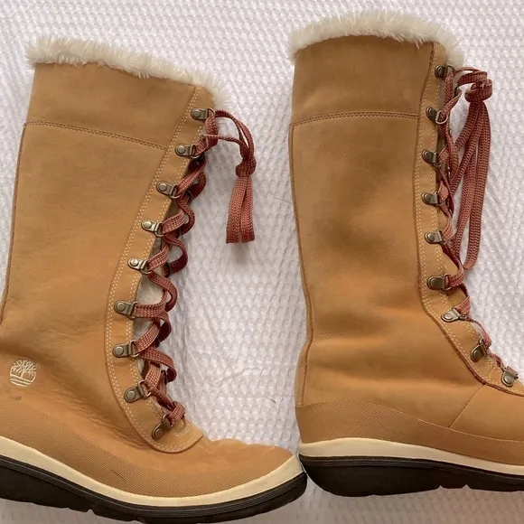 Timberland Women's Tan Winter Boots Size 6 Knee High Sherpa Red lace