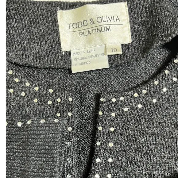 Todd &amp; Olivia Size 10 Black Knit Jacket Rhinestones Old Money Quiet Luxury