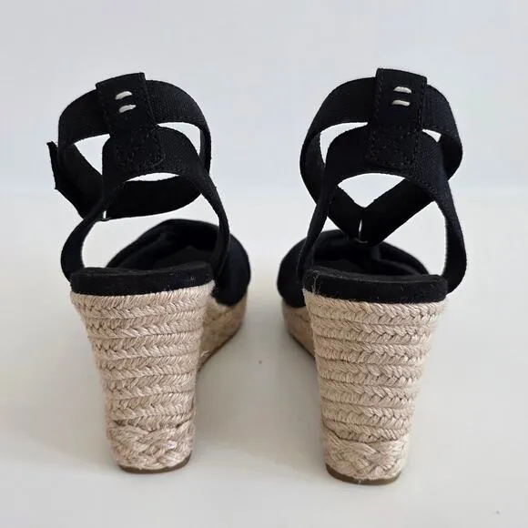 TOMS Black Jute Heel Wedge Espadrille Sandals Open Toe Ankle Strap Size 8