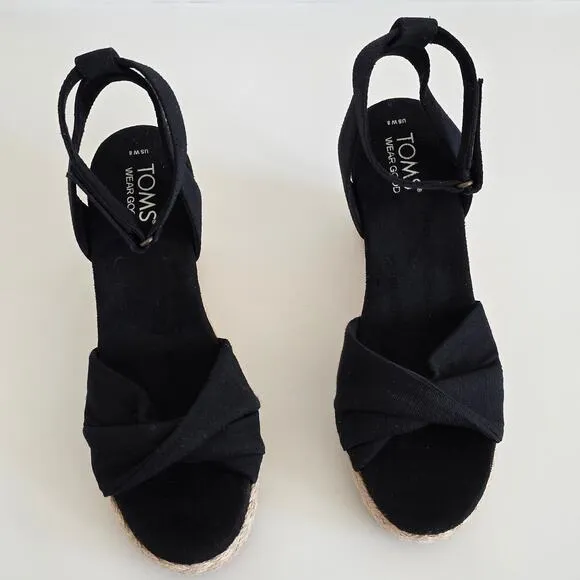 TOMS Black Jute Heel Wedge Espadrille Sandals Open Toe Ankle Strap Size 8