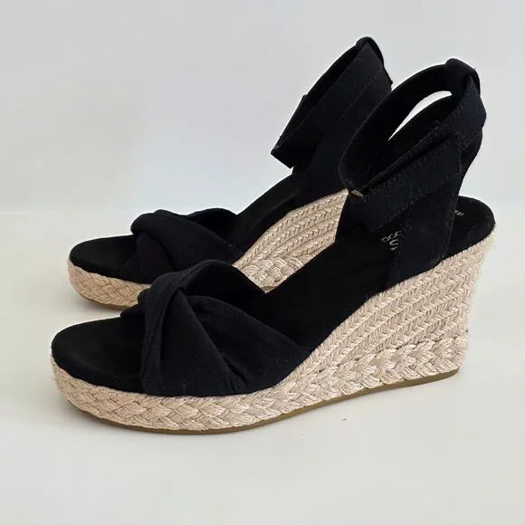 TOMS Black Jute Heel Wedge Espadrille Sandals Open Toe Ankle Strap Size 8