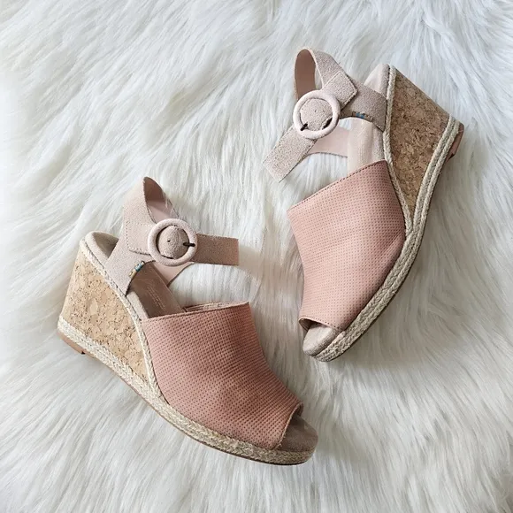 Toms Spanish Villa Perforated Nubuck Suede Women's Tropez Wedges Shoes Sz 8.5