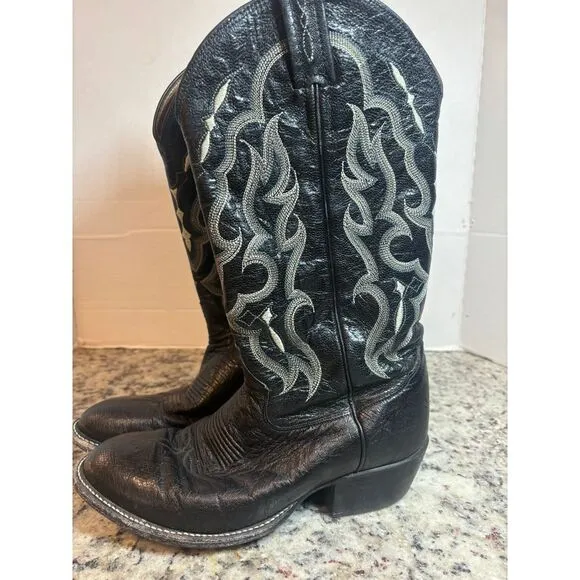 Tony Lama Western Cowboy Boots Black Leather Silver Embroidered Men size 7