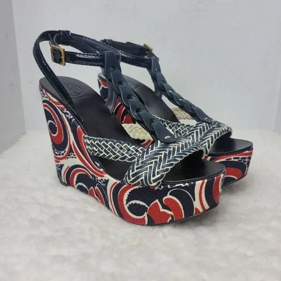 Tory Burch Araminta Womens Shoe Size 7.5 Platform Wedge Leather T-Strap Sandals