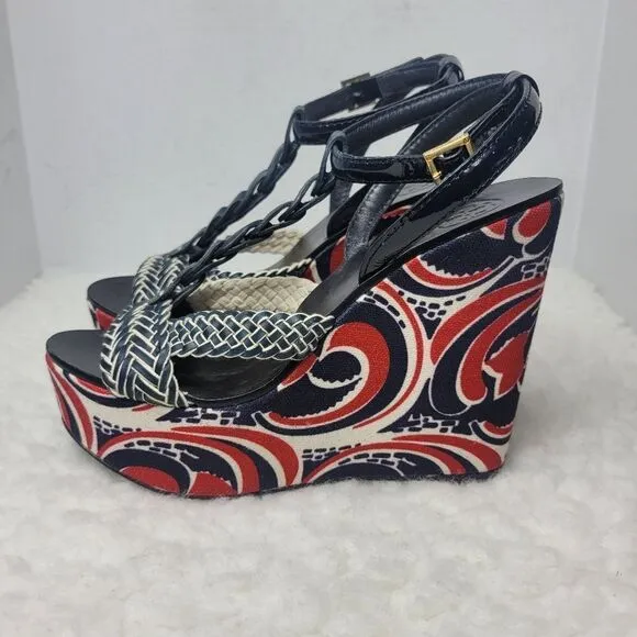 Tory Burch Araminta Womens Shoe Size 7.5 Platform Wedge Leather T-Strap Sandals