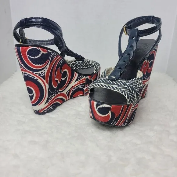 Tory Burch Araminta Womens Shoe Size 7.5 Platform Wedge Leather T-Strap Sandals
