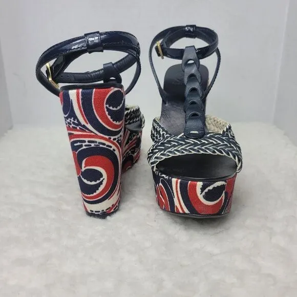 Tory Burch Araminta Womens Shoe Size 7.5 Platform Wedge Leather T-Strap Sandals