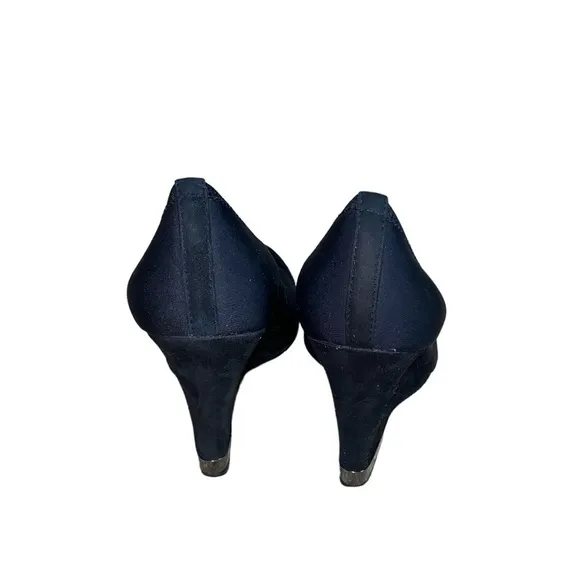 Tory Burch Astoria Black Suede Leather Cap Toe Slip-On Wedge Heel Pumps