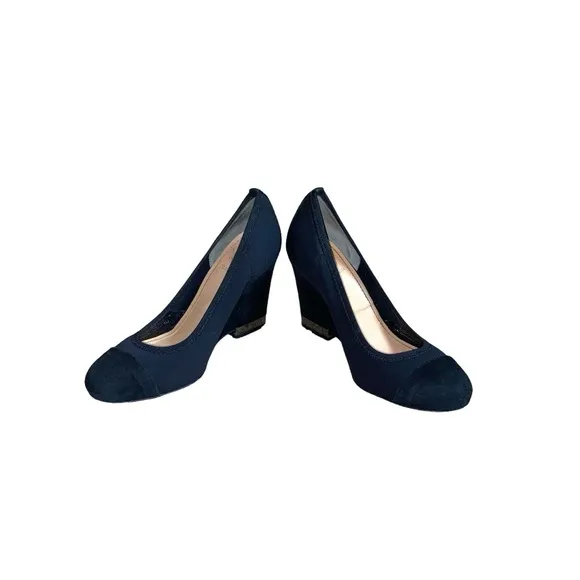 Tory Burch Astoria Black Suede Leather Cap Toe Slip-On Wedge Heel Pumps