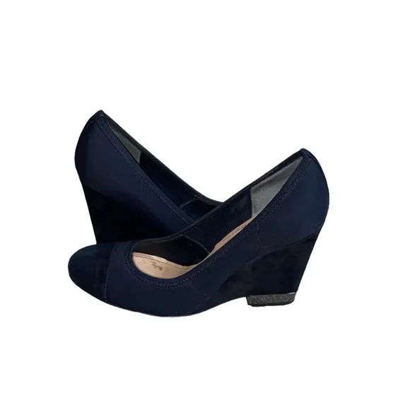 Tory Burch Astoria Black Suede Leather Cap Toe Slip-On Wedge Heel Pumps