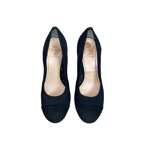 Tory Burch Astoria Black Suede Leather Cap Toe Slip-On Wedge Heel Pumps