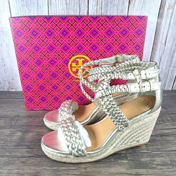 Tory Burch Bailey Ankle Strap Wedge Espadrille Spark Gold Women’s Sz 6.5 M (NIB)