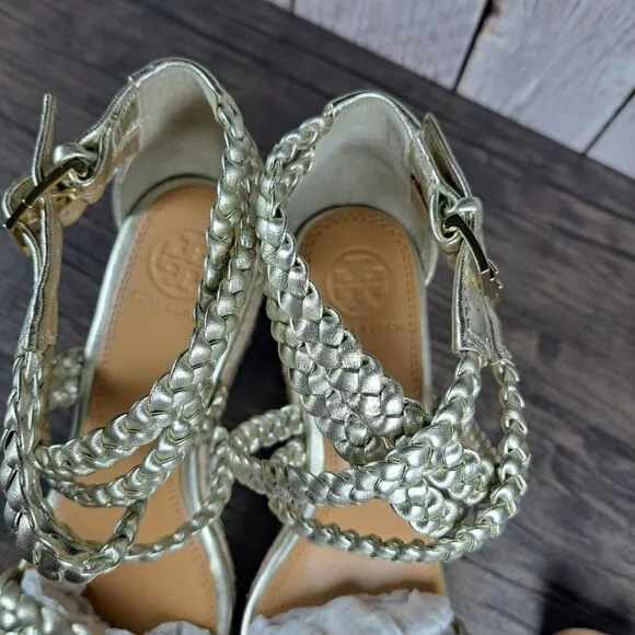 Tory Burch Bailey Ankle Strap Wedge Espadrille Spark Gold Women’s Sz 6.5 M (NIB)