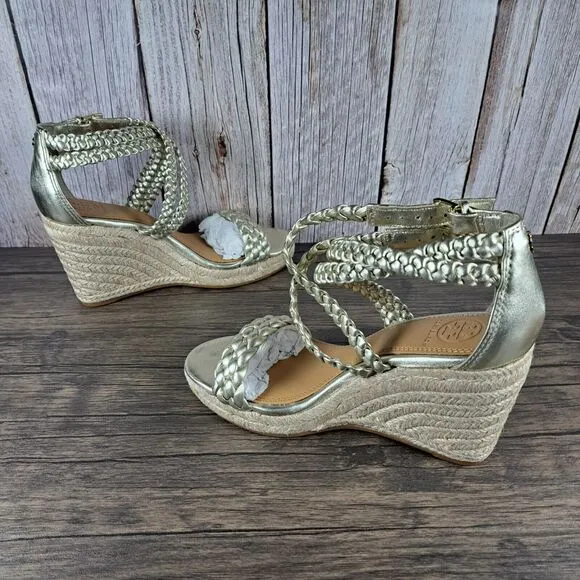 Tory Burch Bailey Ankle Strap Wedge Espadrille Spark Gold Women’s Sz 6.5 M (NIB)