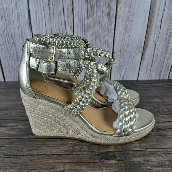 Tory Burch Bailey Ankle Strap Wedge Espadrille Spark Gold Women’s Sz 6.5 M (NIB)
