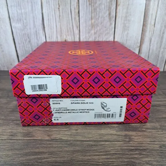 Tory Burch Bailey Ankle Strap Wedge Espadrille Spark Gold Women’s Sz 6.5 M (NIB)