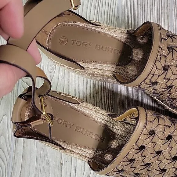 Tory Burch Basketweave Espadrille Wedge Leather Sandals Womens 10.5 NEW