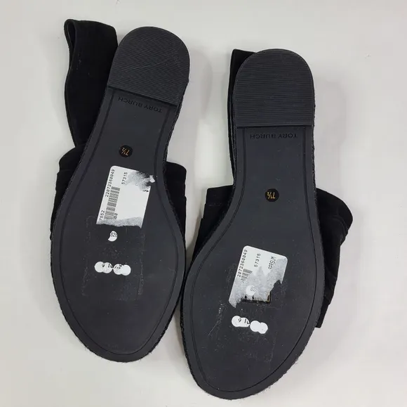 Tory Burch Black Gathered Suede Slingback Espadrilles Sandals