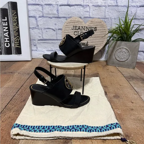 Tory Burch Black Leather Metal Miller Slingback Wedge Sandals