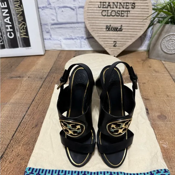 Tory Burch Black Leather Metal Miller Slingback Wedge Sandals
