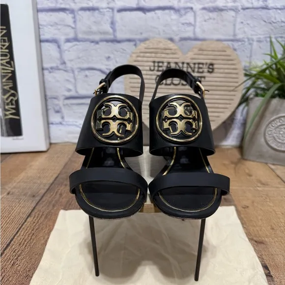 Tory Burch Black Leather Metal Miller Slingback Wedge Sandals