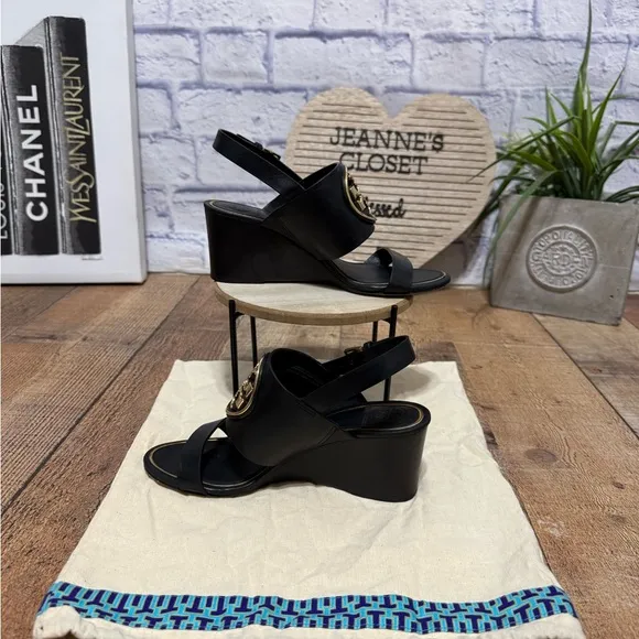 Tory Burch Black Leather Metal Miller Slingback Wedge Sandals