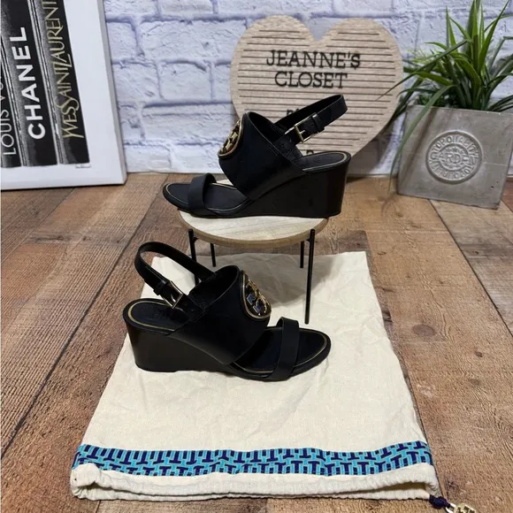 Tory Burch Black Leather Metal Miller Slingback Wedge Sandals