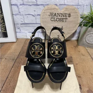 Tory Burch Black Leather Metal Miller Slingback Wedge Sandals
