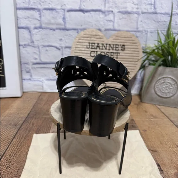 Tory Burch Black Leather Metal Miller Slingback Wedge Sandals