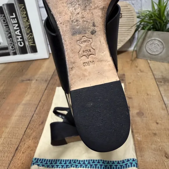 Tory Burch Black Leather Metal Miller Slingback Wedge Sandals