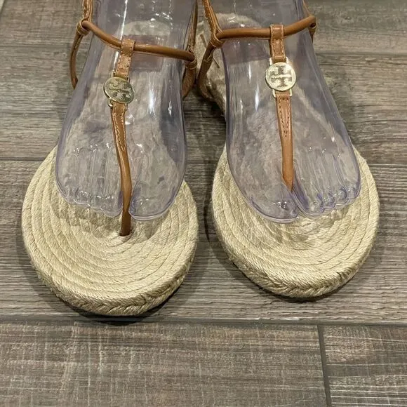 Tory Burch Brown Leather Emmy Flat Espadrilles Thong Sandals Size 8B Womens
