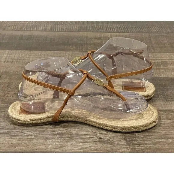 Tory Burch Brown Leather Emmy Flat Espadrilles Thong Sandals Size 8B Womens