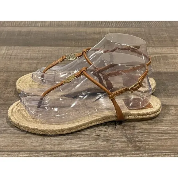 Tory Burch Brown Leather Emmy Flat Espadrilles Thong Sandals Size 8B Womens