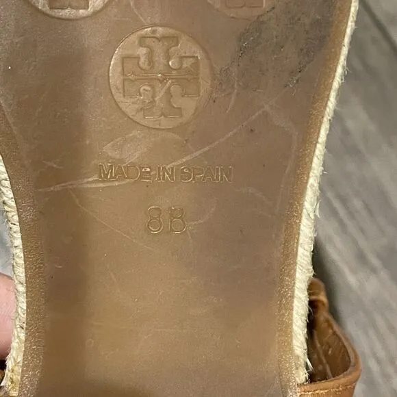 Tory Burch Brown Leather Emmy Flat Espadrilles Thong Sandals Size 8B Womens