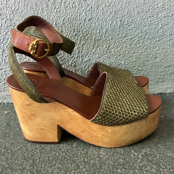 Tory Burch Camilla Genuine Calf Hair and Leather Platform Sandals Green Size 7