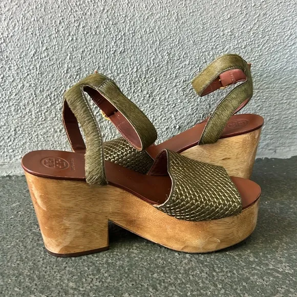 Tory Burch Camilla Genuine Calf Hair and Leather Platform Sandals Green Size 7