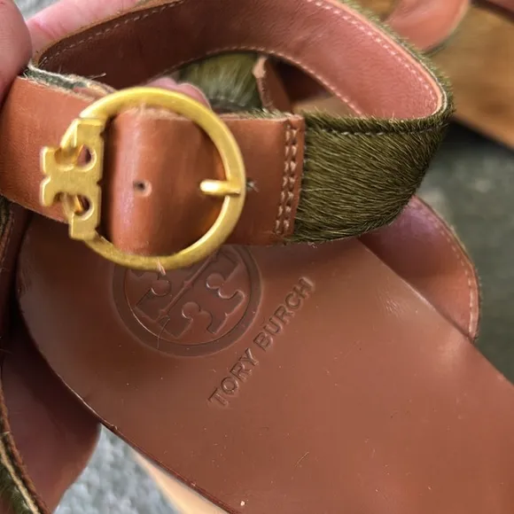 Tory Burch Camilla Genuine Calf Hair and Leather Platform Sandals Green Size 7