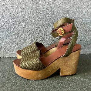 Tory Burch Camilla Genuine Calf Hair and Leather Platform Sandals Green Size 7