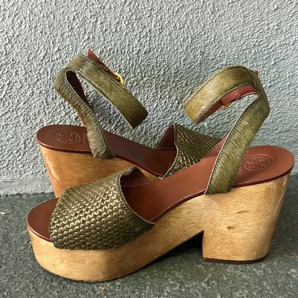 Tory Burch Camilla Genuine Calf Hair and Leather Platform Sandals Green Size 7