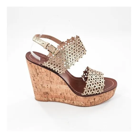 TORY BURCH Daisy Gold Floral Cut Out Leather Cork Platform Wedge