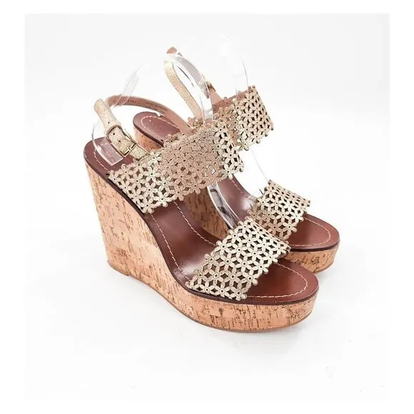TORY BURCH Daisy Gold Floral Cut Out Leather Cork Platform Wedge