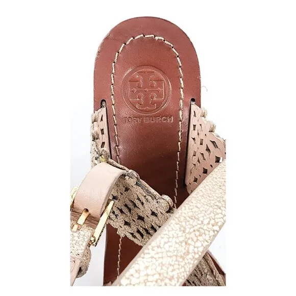 TORY BURCH Daisy Gold Floral Cut Out Leather Cork Platform Wedge
