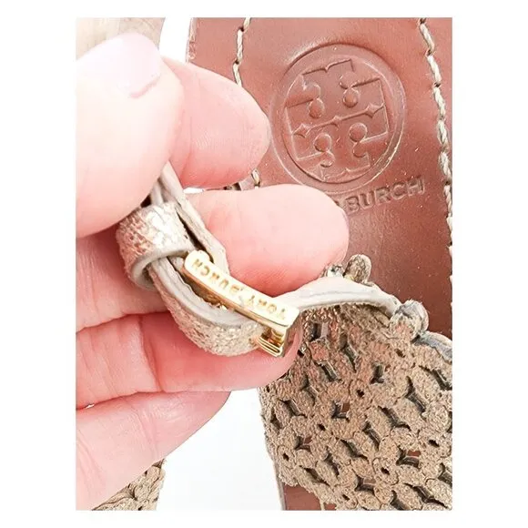 TORY BURCH Daisy Gold Floral Cut Out Leather Cork Platform Wedge
