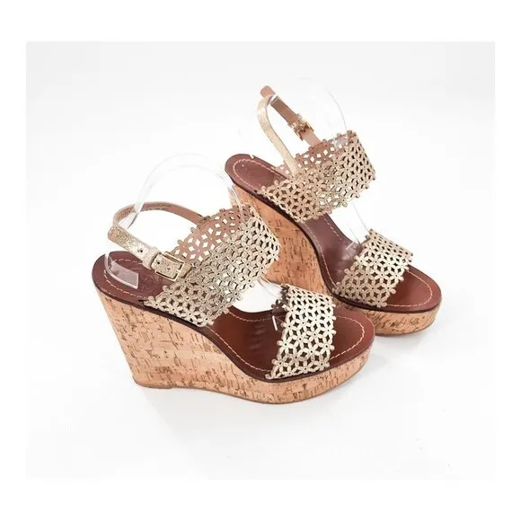 TORY BURCH Daisy Gold Floral Cut Out Leather Cork Platform Wedge