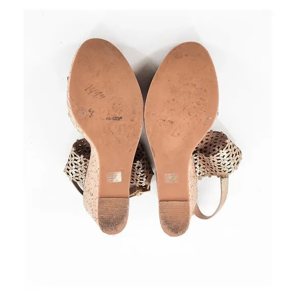 TORY BURCH Daisy Gold Floral Cut Out Leather Cork Platform Wedge