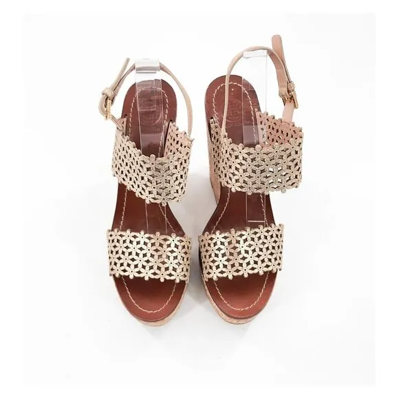 TORY BURCH Daisy Gold Floral Cut Out Leather Cork Platform Wedge