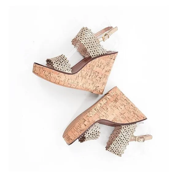 TORY BURCH Daisy Gold Floral Cut Out Leather Cork Platform Wedge