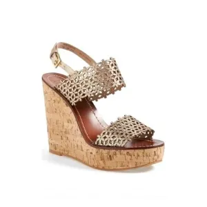 TORY BURCH Daisy Gold Floral Cut Out Leather Cork Platform Wedge