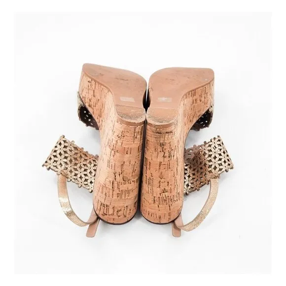 TORY BURCH Daisy Gold Floral Cut Out Leather Cork Platform Wedge